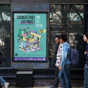 group-of-diverse-friends-walking-pass-art-exhibition-placard